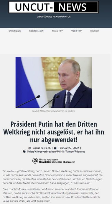 Kriegspropaganda bei Uncutnews zum Zeitpunkt der Invasion von Russland in die Ukraine (27. Februar 2022)thumb